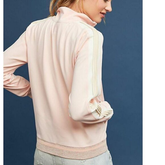 Anthropologie Bomber Track Jacket Womens Pink Full Zip Stretch Stripe Sleeve - Picture 7 of 7